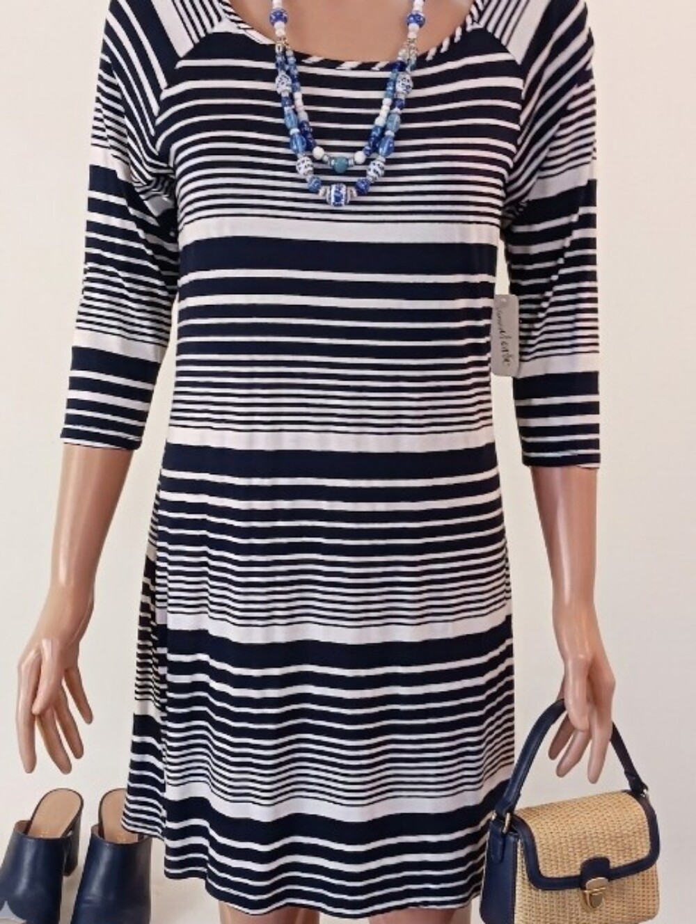 Nautical Womens Navy and White Striped Dress / Comfort / Cabincore/ Sz S